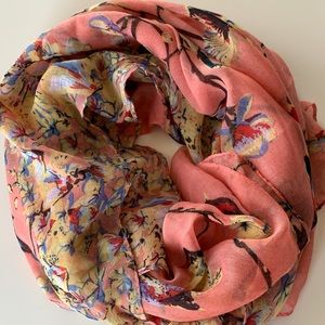 NWOT - long coral pink flower and bird scarf
